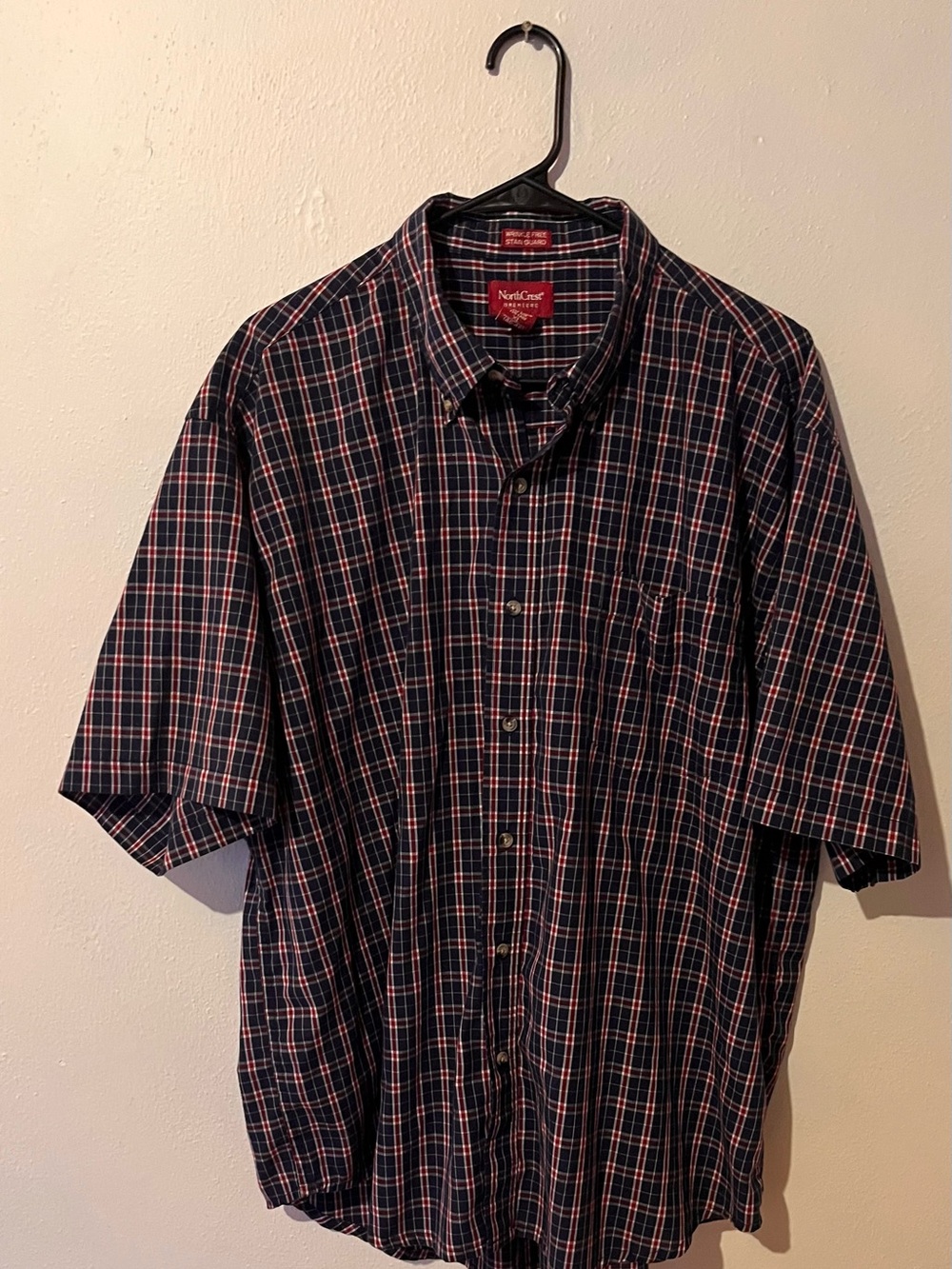 Northcrest Navy and Red Plaid Short Sleeve Button-Down Shirt